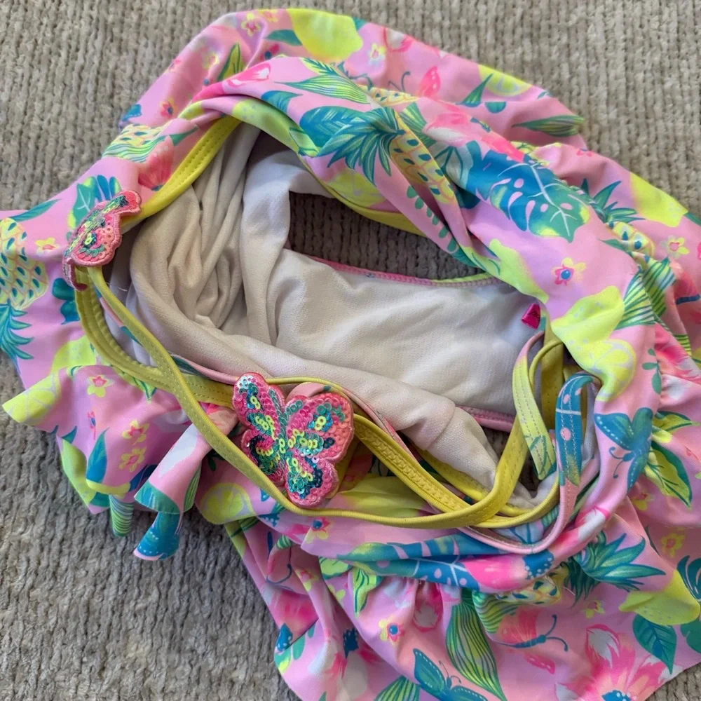 Betsey Johnson Girls Tropical Ruffle One-Piece Swimsuit Pink Floral‎ 7/8